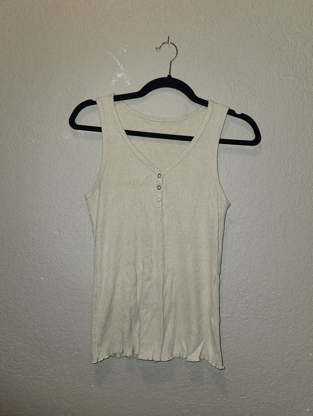 Cream Ribbed Womens Tank W Henley Buttons And Lettuce Hem | Medium